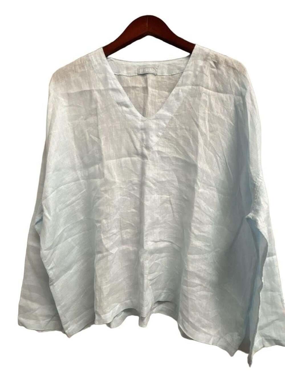 CP Shades 100% Linen Long Sleeve V-Neck Blouse Light Blue